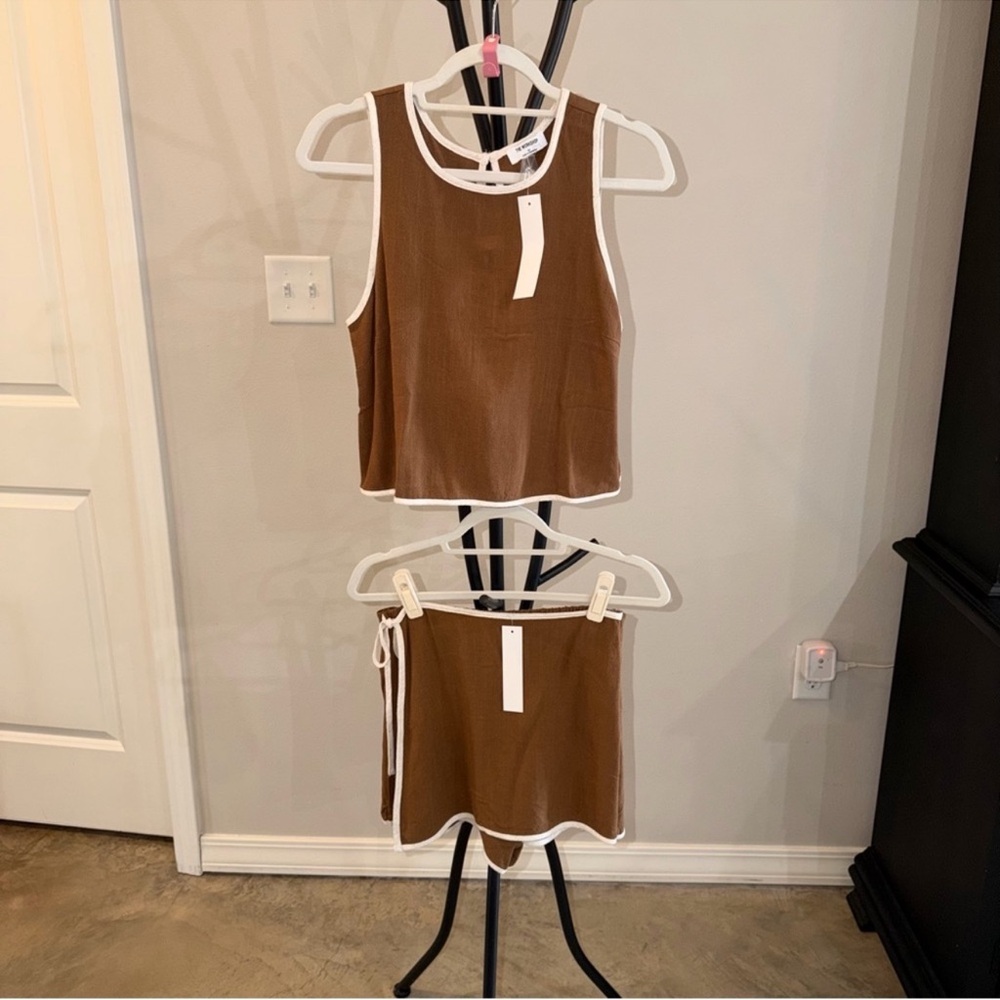Workshop Republic Clothing 2 Two Piece Set Brown with Tan/White Trim - Picture 2 of 9